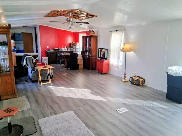 Spacious living room with wood-look flooring, red accent wall, recliner, TV, china cabinet, and ceiling fan.